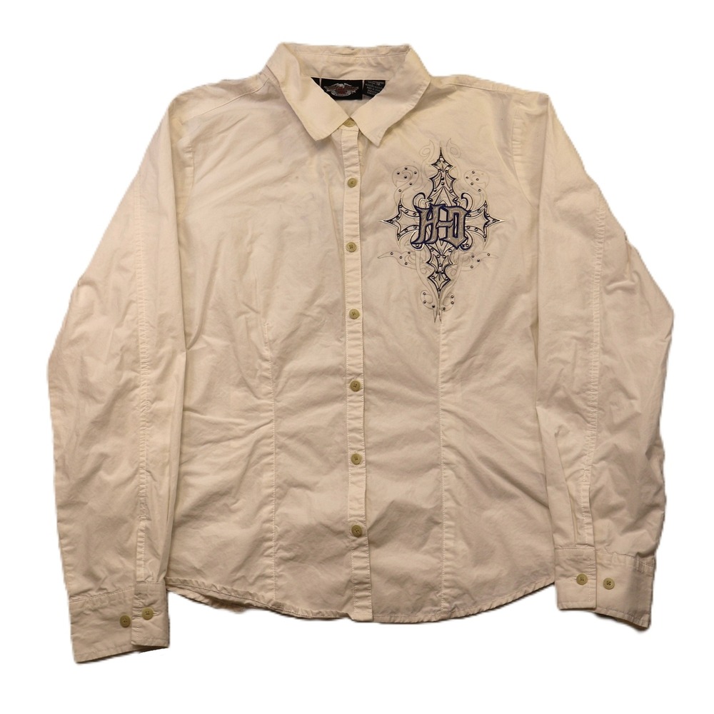 Harley Davidson Womens XL Shirt White Embroidered Gothic Cross 96413-10VW